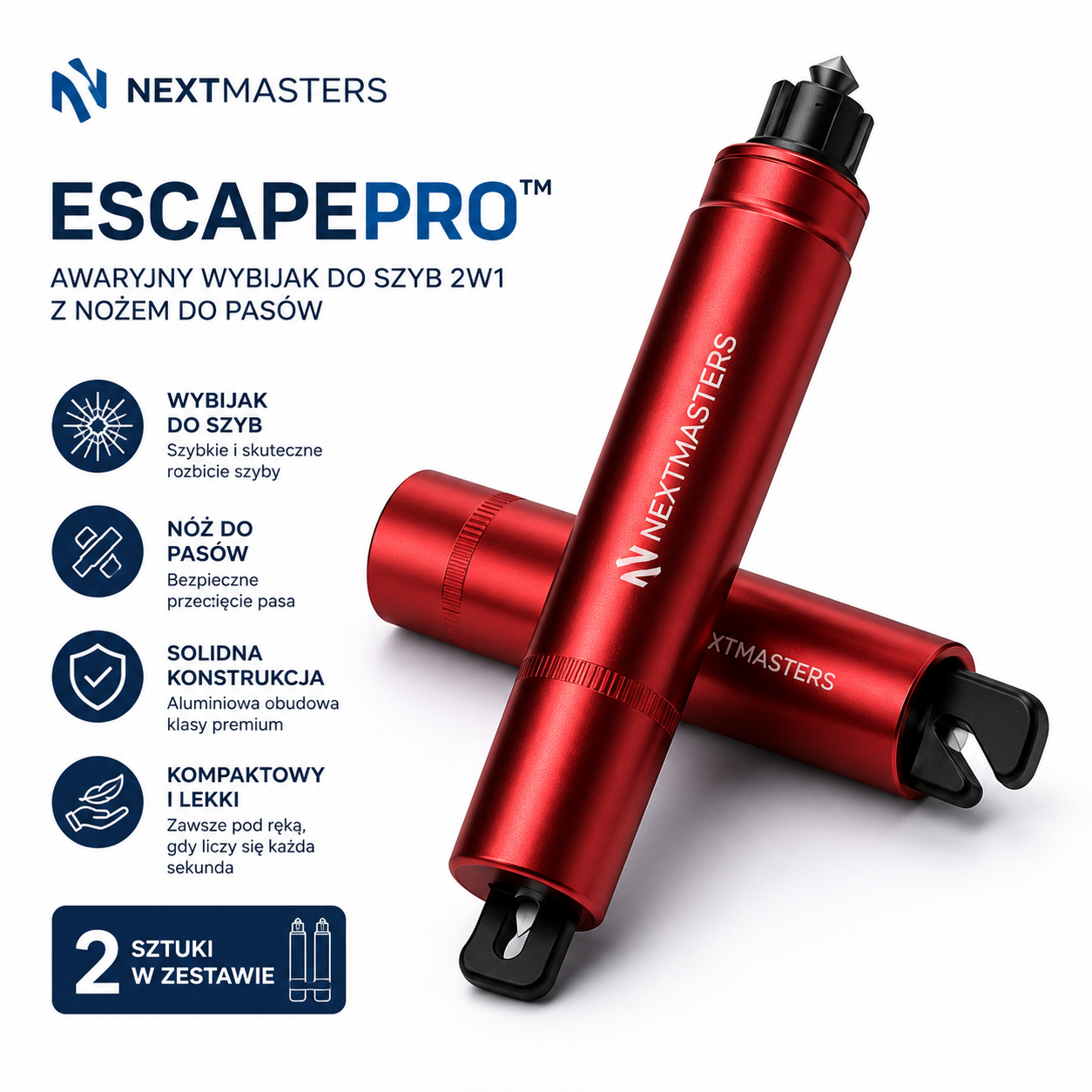EscapePro™| Awaryjny wybijak do szyb 2w1 z nożem do pasów. 2szt.