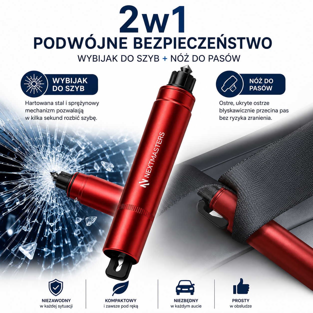 EscapePro™| Awaryjny wybijak do szyb 2w1 z nożem do pasów. 2szt.